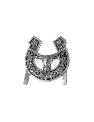 Nickel decorative concho with horseshoe, cow head, and floral details design.